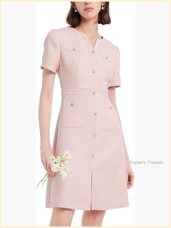 Dresses & Skirts - Short Sleeve Tweed A-Line Dress With Pearl Buttons V-Neck